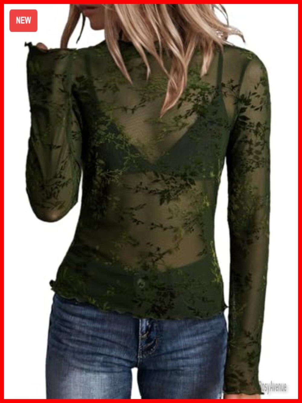 Womens Mesh Floral Embroidered Long Sleeve Blouse Sheer Lace Top
